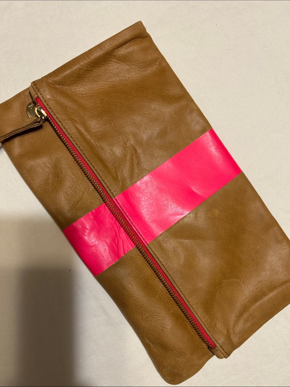 Clare V Brown Leather Fold-Over Clutch with Hot Pink Stripe